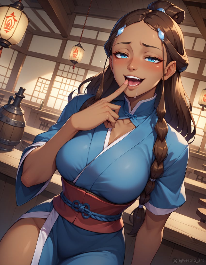 1girls ai_generated avatar_legends avatar_the_last_airbender blue_eyes dark-skinned_female drooling eyes_half_open female katara solo suggestive sultry_eyes vertiloart water_tribe