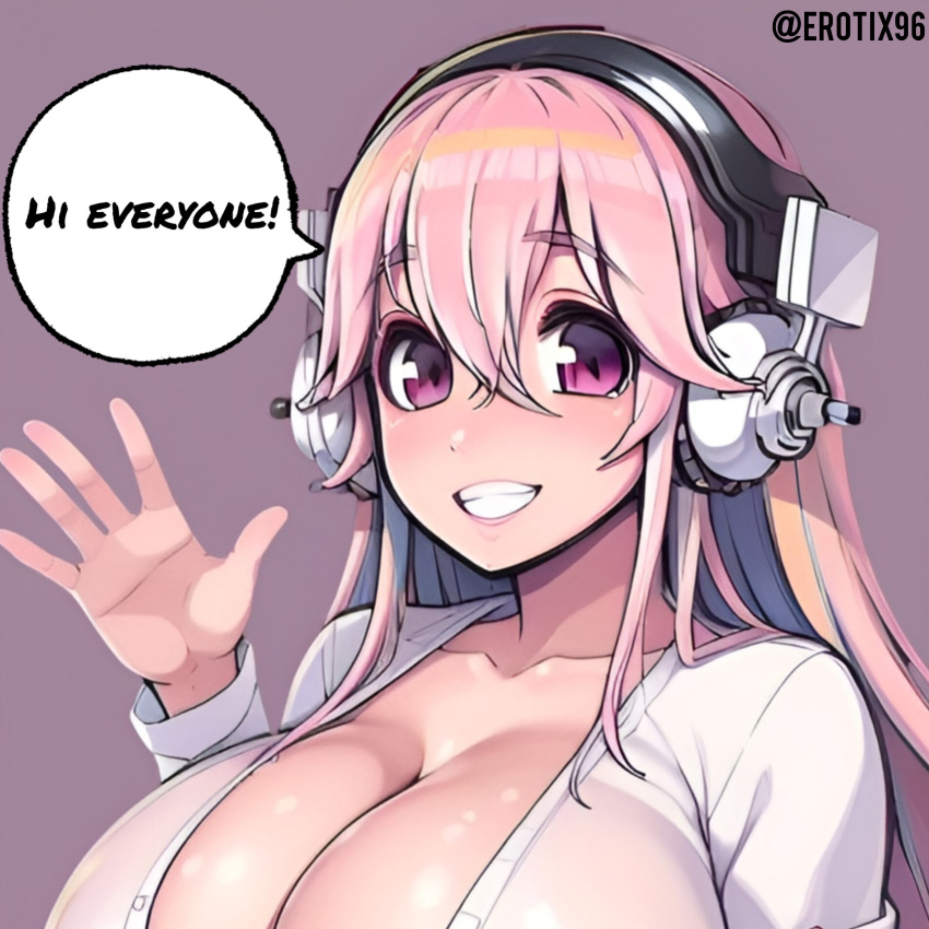 ai_generated big_breasts blush breasts breasts_bigger_than_head cleavage collarbone erotix96 female gigantic_breasts hair_between_eyes headphones huge_breasts long_hair looking_at_viewer nitroplus pink_eyes pink_hair smile solo sonico speech_bubble super_sonico super_sonico_(series)