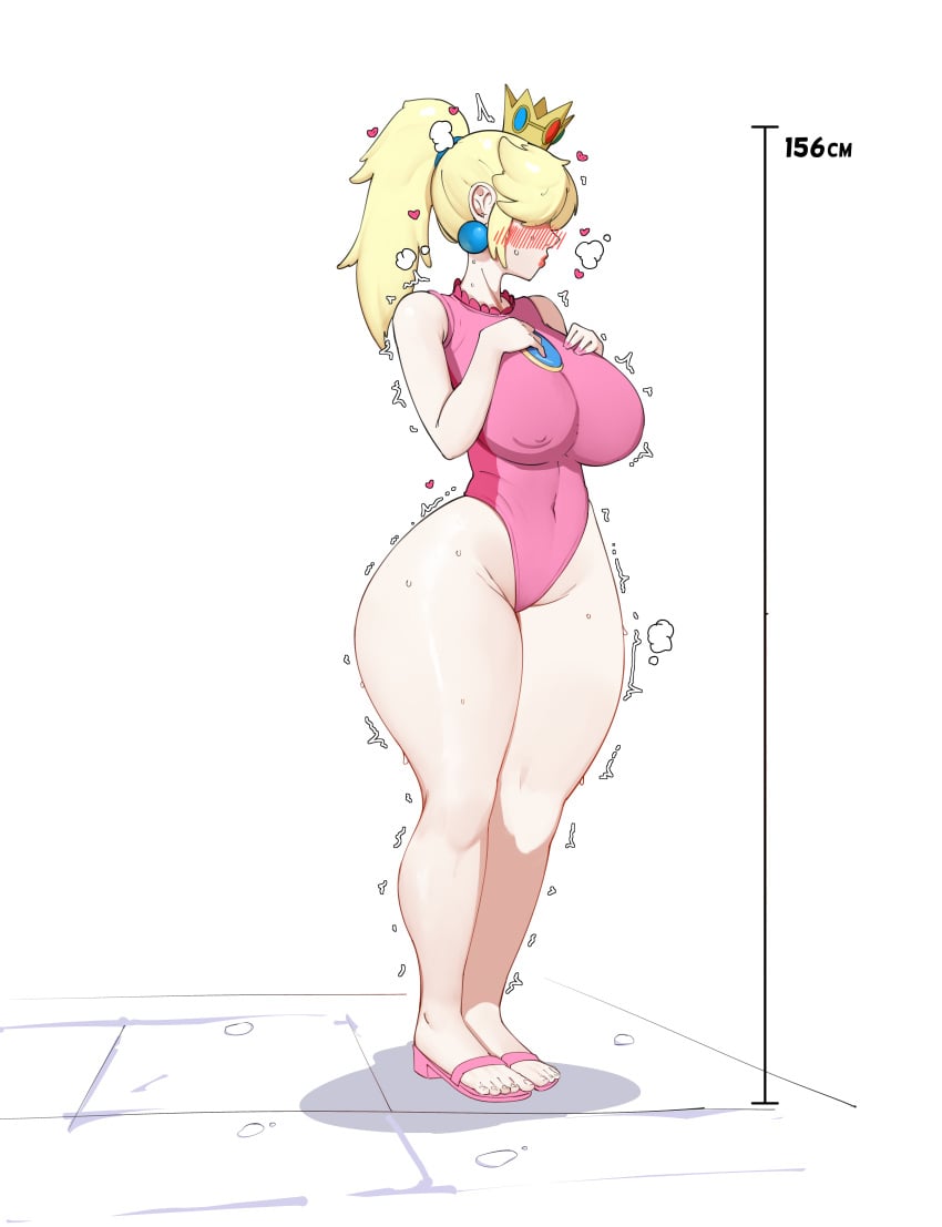 1girls barefoot big_breasts bigpeachs blonde_hair blush breasts busty child_bearing_hips clothes covered_erect_nipples covered_navel curvy earrings embarrassed faceless_female feet female female_only hair_over_eyes hands_on_own_chest heart jewelry large_breasts legs long_hair mario_(series) mario_and_sonic_at_the_olympic_games nintendo one-piece_swimsuit perfect_legs ponytail princess princess_peach red_lipstick sandals sensual shiny_skin solo thick_thighs thighs thighs_together trembling voluptuous wide_hips