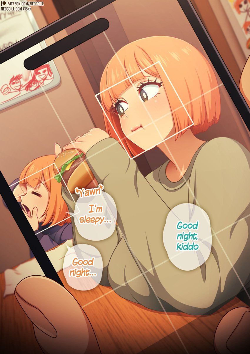 child dad_(japanese_mcdonald's_commercial) daughter_(japanese_mcdonald's_commercial) mcdonald's mom_(japanese_mcdonald's_commercial) neocoill orange_hair phone_screen safe safe_for_work short_hair short_hair_female text text_bubble yoru_mac