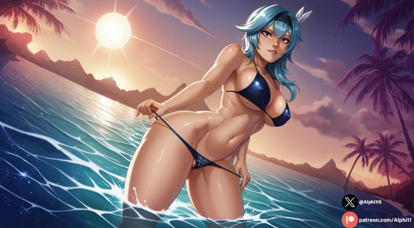 1girls ai_generated alphi115 bikini biting_lip blue_hair clouds eula_(genshin_impact) genshin_impact large_ass large_breasts ocean pulling_panties solo sunset thick_thighs wet wet_body wet_pussy