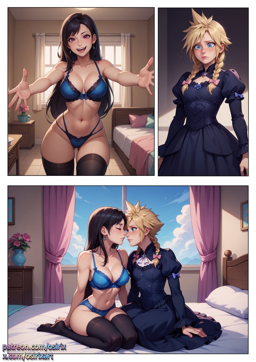 1boy 1girls ai_generated cloud_strife crossdressing female femboy femboysub final_fantasy_vii lingerie male osirix stable_diffusion tagme tifa_lockhart