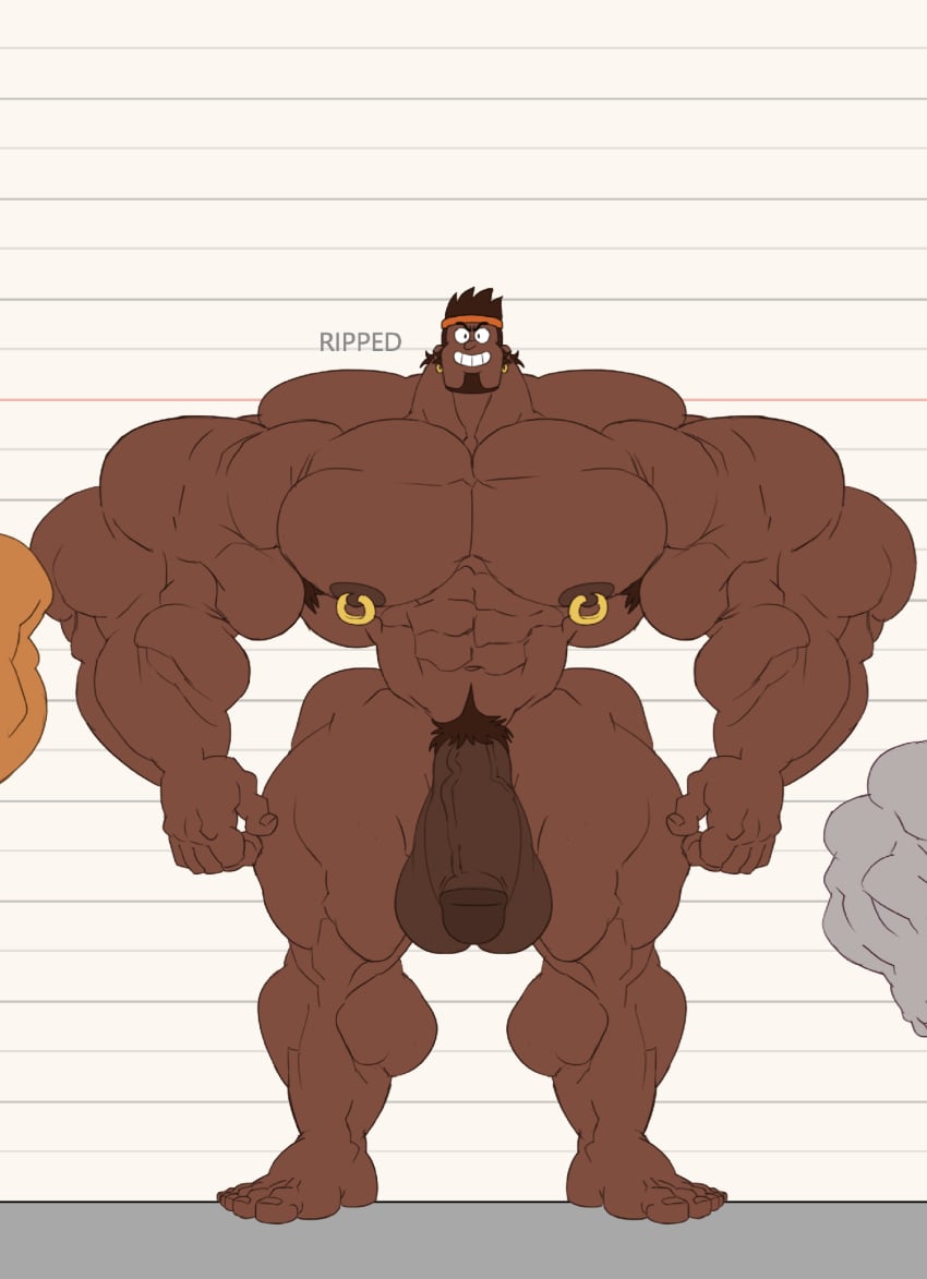 armpit_hair balls bara big_muscles boy_girl_dog_cat_mouse_cheese facial_hair flaccid headband height_chart human male male_only muscles muscular nude penis remert ripped_abman solo solo_male