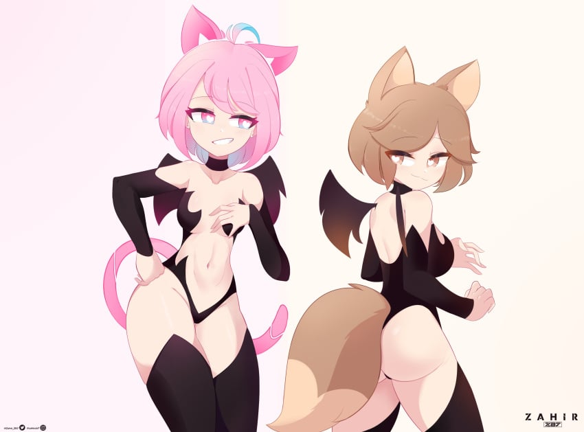 2girls animal_ears blank_background brown_eyes brown_hair cat_ears cat_tail cathie_(rivergravidade) color colored duo duo_female duo_focus female female_focus female_only light-skinned_female looking_at_another looking_back mostly_nude mostly_nude_female oc original_character original_characters pink_eyes pink_hair short_hair smile smiling smirk smirking smug smug_expression smug_eyes smug_face smug_grin smug_smile succubus_costume succubus_wings tagme tail thigh_highs thighhighs white_background zahir_zb7