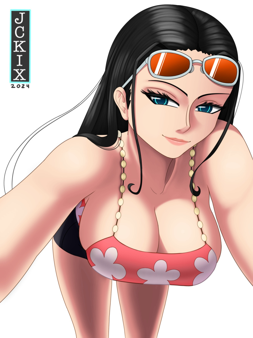 1girls bare_arms bare_legs bare_shoulders bare_thighs big_breasts black_hair blue_eyes clothed clothing color female female_focus female_only hi_res jckix_art large_breasts light-skinned_female light_skin long_hair looking_at_viewer nico_robin one_piece post-timeskip punk_hazard shounen_jump solo solo_female sunglasses sunglasses_on_head tagme thick_thighs