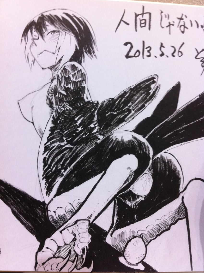 anus ass blush breasts dated egg egg_laying feathered_wings female harpy highres large_breasts monochrome monster_girl multicolored_hair nipples nude original picture_of_picture pussy_juice short_hair solo tail talons thomas_(iron_tom) traditional_media two_tone_hair