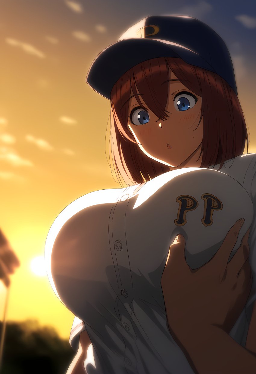 1boy 1girls ai_generated akane_nanao akane_wa_tsumare_somerareru baseball_cap big_breasts blue_eyes blush breast_grab breasts breasts cap clothed clothed_female clothing female grabbing looking_down male novelai outdoors outside red_hair schoolgirl shirt short_hair suprised sweatdrop teenage_girl teenager