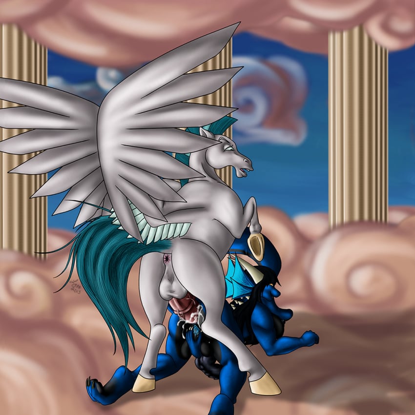 1boy 1girls anal anthro anus clouds cum disney dragon equine feral feral_on_anthro feral_penetrating_anthro futanari hercules_(disney) horse intersex mount muscles pegasus_(hercules) penis pillar pussy roman sex sky testicles wings zoophilia