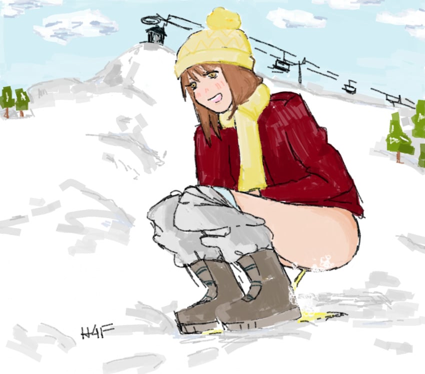 1girls bare_butt brown_hair chair here4thefun jacket pants_down peeing pissing scarf ski_lift snow squatting winter_clothes yellow_snow