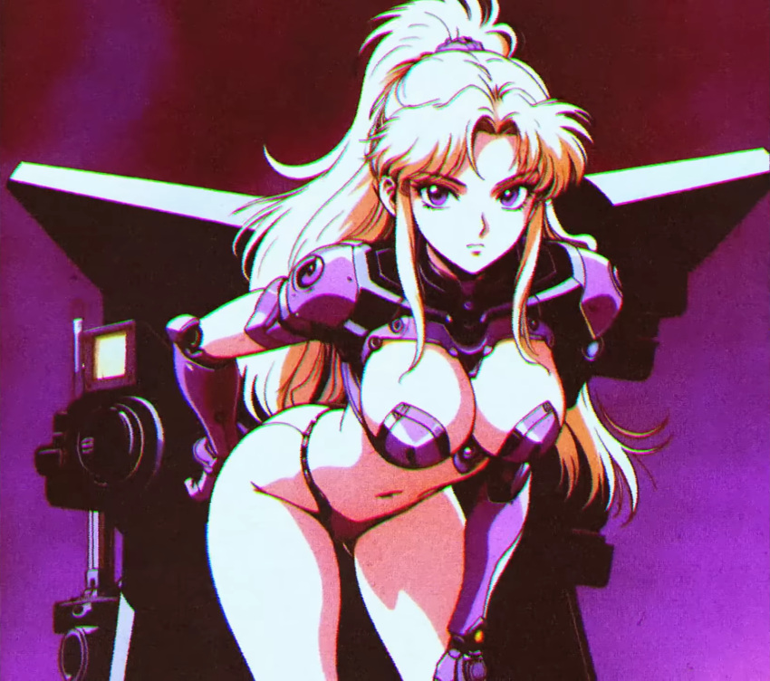 1990s 1girls armor artist_request big_breasts bikini_armor blonde_hair breasts busty cleavage expressionless hand_on_hip hand_on_knee hand_on_own_knee highres large_breasts leaning_forward legs long_hair looking_at_viewer navel original ponytail pose posing purple_eyes retro_artstyle thighs voluptuous