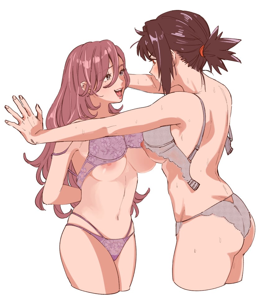 2girls barely_clothed blush breasts brown_hair chizuru_mori color earrings emma_torikai functionally_nude grey_bra grey_eyes grey_panties hand_on_wall highres imminent_sex large_breasts lipstick long_hair looking_at_another2girls nipples original pi-ko pink_hair red_eyes sideboob smile sweat tied_hair underwear_only undressing undressing_self unfastened unhooked_bra white_background yuri