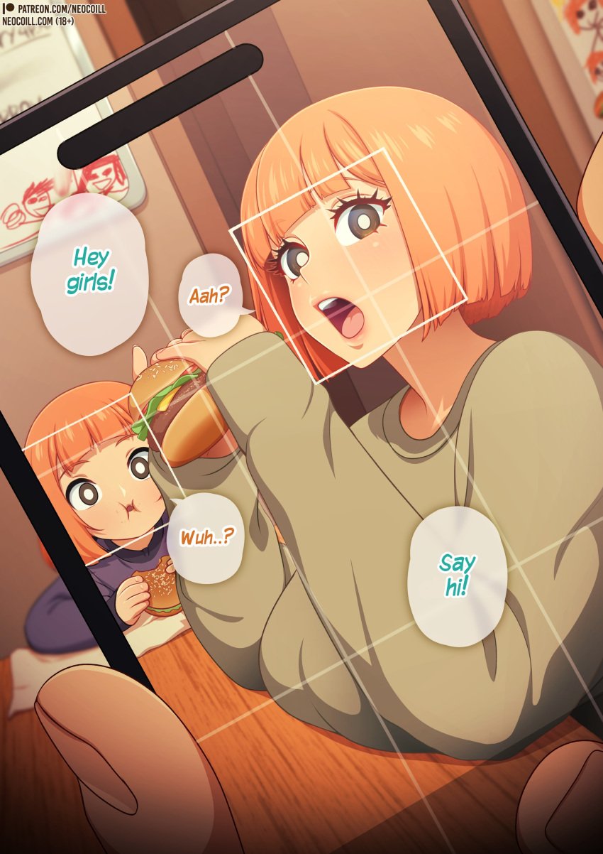 big_breasts child dad_(japanese_mcdonald's_commercial) daughter_(japanese_mcdonald's_commercial) mcdonald's mom_(japanese_mcdonald's_commercial) neocoill orange_hair phone_screen safe safe_for_work short_hair short_hair_female text text_bubble yoru_mac