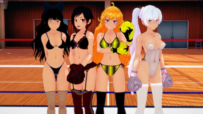 3d 4girls bikini black_hair blake_belladonna blonde_hair blue_eyes cat_ears cat_girl cat_humanoid catgirl faunus female female_only gold_eyes human lavender_eyes looking_at_viewer multiple_girls red_hair ruby_rose rwby silver_eyes smile smiling smiling_at_viewer team_rwby weiss_schnee white_hair wink winking_at_viewer yang_xiao_long