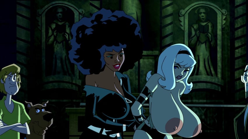 2boys 2girls afro alice_may big_breasts black_hair breasts breasts_out dark-skinned_female dark_skin domestic_dog edit female huge_breasts human large_breasts male nipples scooby-doo scooby-doo!_mystery_incorporated scooby-doo_(character) scooby-doo_mystery_incorporated screenshot_edit shaggy_rogers unknown_character warner_brothers white_hair woot