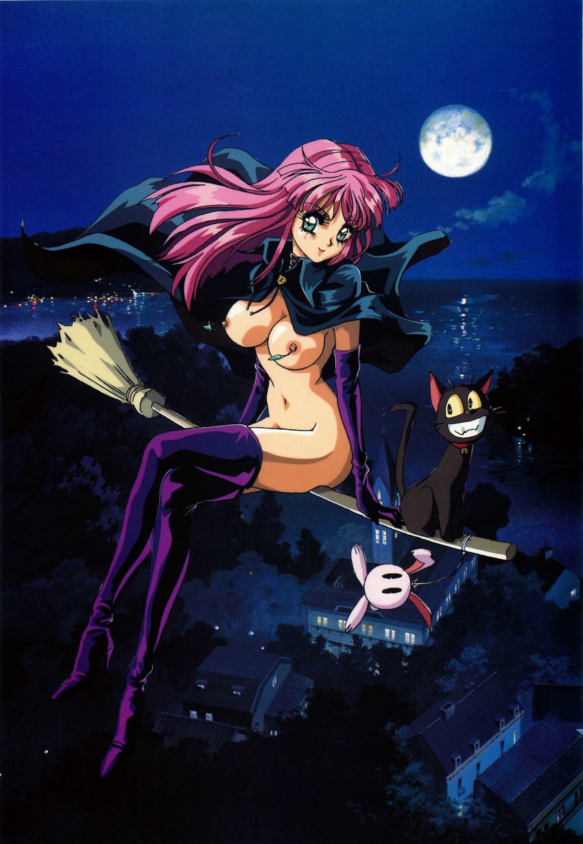 1girls 90s areola boots breasts broom broomstick busty cape cat cleavage dark erect_nipples female flying flying_broom green_eyes high_res mon_mon moon night nipples piercing pink_hair thigh_boots thighhighs witch