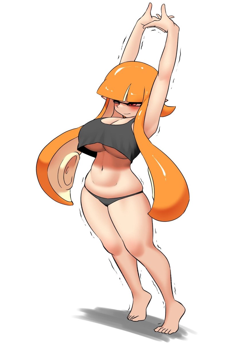 1girl 1girls bangs belly belly_button big_breasts black_clothing black_panties black_topwear blush breasts cleavage cute feet female female_only inkling inkling_girl kaori_(splatoon) large_breasts legs long_hair nintendo nobunagapero one_eye_closed orange_eyes orange_hair panties revealing_clothes simple_background slightly_chubby solo solo_female solo_focus splatoon stomach stretching stretching_arms tentacle_hair thick_thighs thighs thighs_together tiptoes underboob white_background