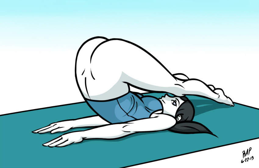 1girls ass back black_hair bottomless breasts casual deadface female grey_eyes human legs long_hair long_legs nintendo pale_skin ponytail sideboob soles solo stretching super_smash_bros. text tied_hair white_skin wii_fit wii_fit_trainer wii_fit_trainer_(female) yoga yoga_mat