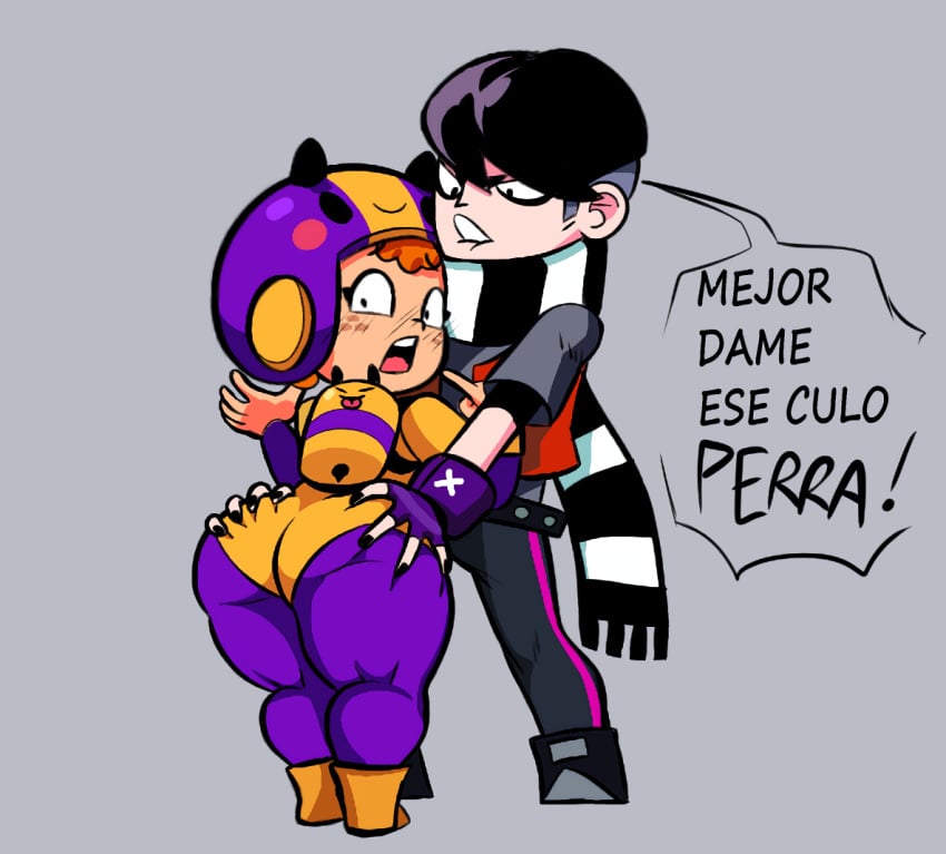 1boy 1girls ass ass_grab back_view backpack bea_(brawl_stars) bee_costume bee_girl black_hair black_hair_male brawl_stars cel_shading cel_shading_(retro) curifeos edgar_(brawl_stars) female goth goth_boy grey_background hair headwear height_difference helmet kneepits legwear looking_back male neck_scarf png purple_clothing purple_headwear purple_legwear scarf short_female short_hair_male shorter_female simple_shading solid_color_background solid_colors spanish_text speech_bubble standing startled striped_scarf surprised_expression tall_male taller_male undercut violet_clothing