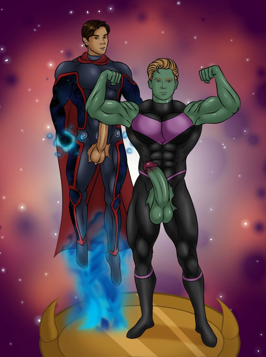 2boys abs alien balls bara biceps big_balls big_penis billy_kaplan black_hair blonde_hair brown_eyes canon_couple cape clothed clothed_male clothing couple dark_hair duo erect_penis erection flexing flexing_bicep flying gay gay_male green_body green_skin hulkling human light-skinned_male light_skin looking_at_viewer magic male male_only marvel marvel_comics muscles muscular muscular_male pecs penis ripped_clothing space superhero teddy_altman venomousraf21 wiccan wizard yaoi