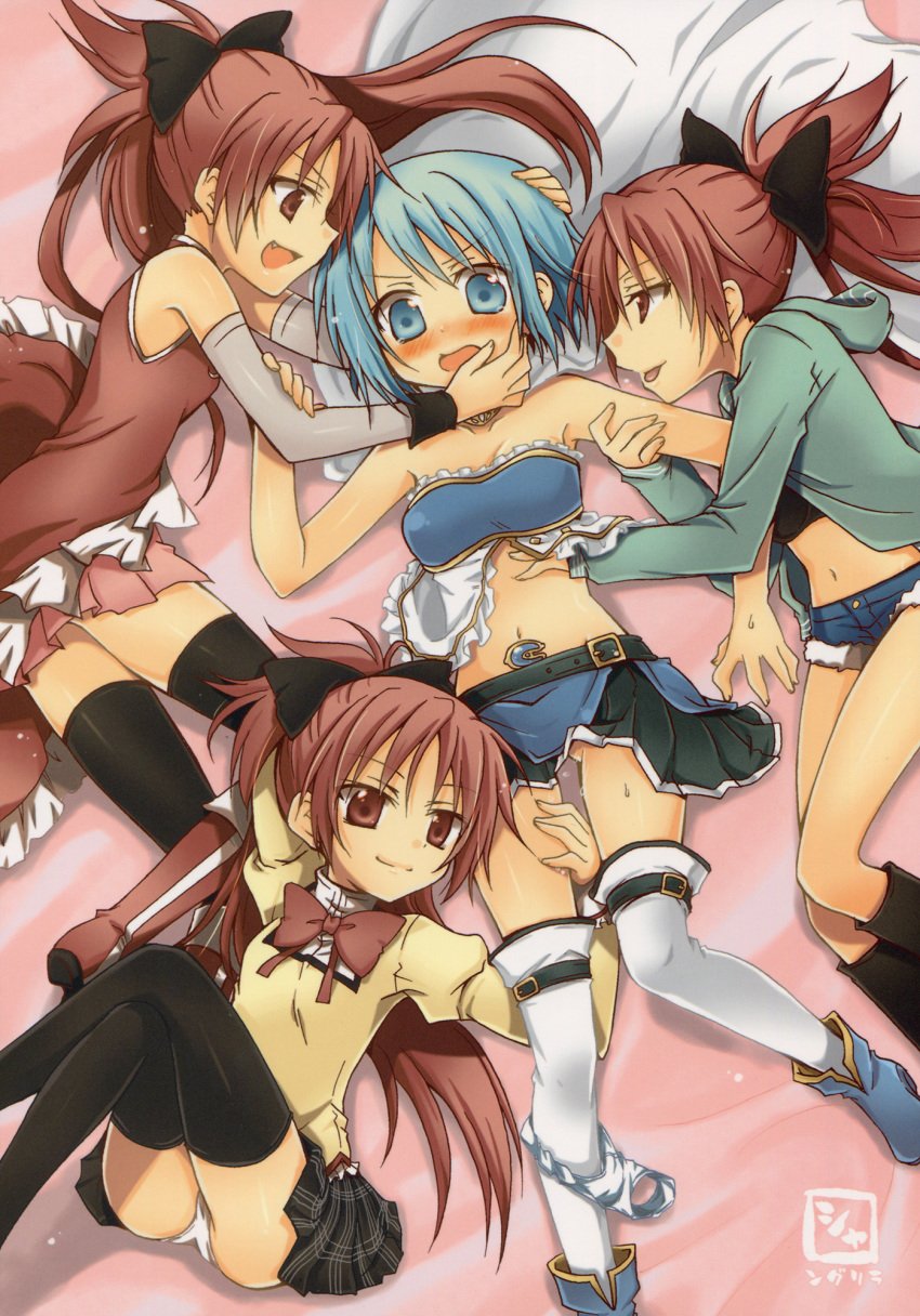 4girls arm_grab arm_hug bare_shoulders bed bed_sheet black_legwear blue_eyes blue_hair blush boots cape casual clone cute_fang doujinshi female female_only foursome gem girl_sandwich hair_ribbon hand_on_another's_face hand_on_another's_head hand_on_face hand_on_head hands_on_another's_head hands_on_head harem head_grab highres hoodie kodou_mikoto leg_grab legs long_hair lying magical_girl mahou_shoujo_madoka_magica midriff miki_sayaka multiple_girls multiple_persona navel on_back on_side open_mouth panties panties_around_leg panty_pull ponytail pussy_juice red_eyes red_hair ribbon sakura_kyouko scared school_uniform short_hair short_shorts shorts shy skirt smile soul_gem strapless sweat tear thigh_boots thighhighs tied_hair tongue underwear yuri zettai_ryouiki