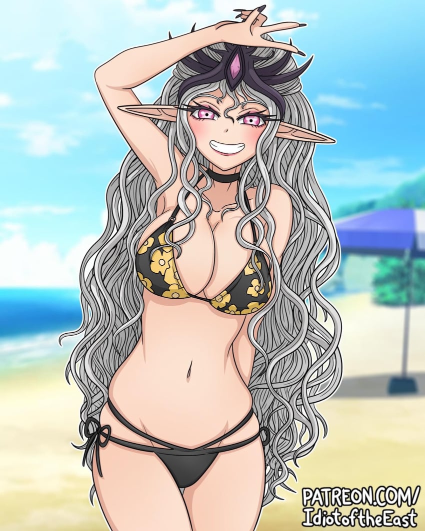 1girls beach belly bikini chaos_(warhammer) chaos_god chaos_goddess female female_only idiotoftheeast kitagawa_marin_(cosplay) pointed_ears slaanesh smile solo solo_female warhammer_(franchise) warhammer_40k white_hair