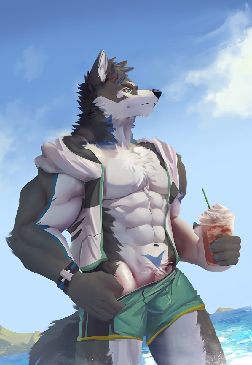 2022 5_fingers abs absurd_res anthro archermagnum bare_chest beverage bottomwear bulge canid canine canis clothing cloud container cup dairy_products discordnight_(artist) domestic_dog fingers food hi_res holding_object hood_(clothing) male male_focus male_only mammal muscular muscular_anthro muscular_male sky smoothie straw_(disambiguation) summer swimwear thunderrangers topwear vest whipped_cream wolf wristband