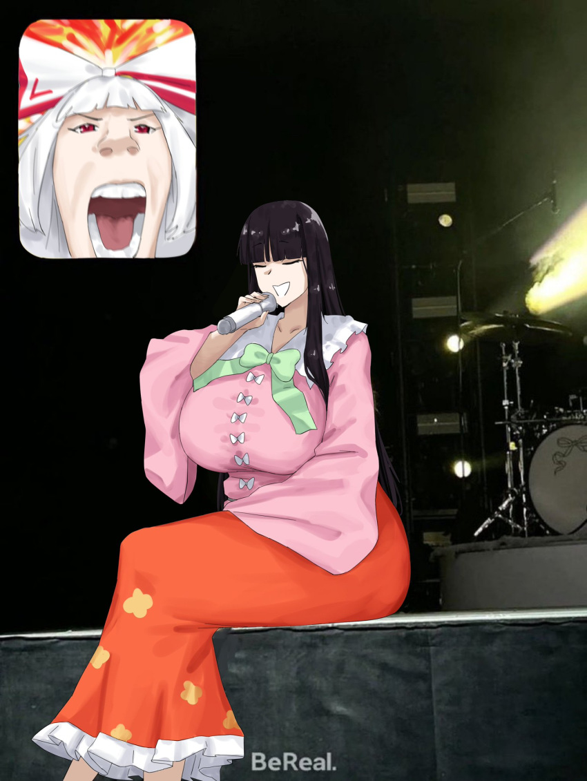 2girls big_breasts black_hair breasts clothed_female fan_screaming_at_madison_beer_(meme) fujiwara_no_mokou huge_breasts kaguya_houraisan light-skinned_female long_hair meme microphone omikami red_eyes singing sitting some_guy_getting_hyped_tf_up_over_a_singer_(meme) touhou white_hair