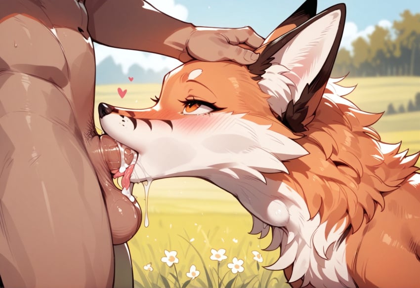 1boy after_fellatio ai_generated cum cum_in_mouth deepthroat fellatio fellatio_from_feral feral feral_fox field_background fox headpat huge_cock licking_penis male_on_feral scales stable_diffusio tongue tongue_around_penis zoophilia