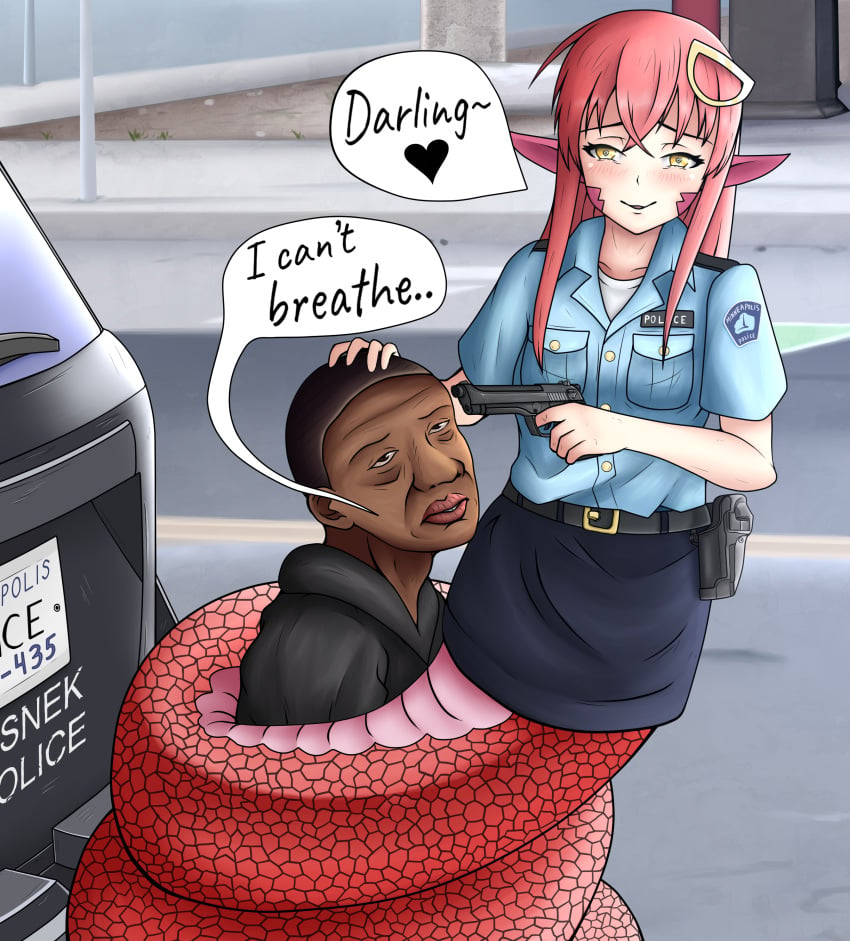 animal_humanoid belt belt_buckle black_lives_matter black_skin blush car collared_shirt controversial dark-skinned_male dark_skin english_text george_floyd gun gun_to_head handgun heart_after_text holding_weapon license_plate light-skinned_female light_skin miia_(monster_musume) monster_girl monster_musume_no_iru_nichijou motor_vehicle nose open_collar outdoors pale-skinned_female pale_skin parody parody_porn pointy_ears police police_hat police_uniform policewoman politics protest racism real_life real_person red_hair road scaled serpentine shirt short_sleeves skirt smile smug snake speech_bubble tail_warp tools vehicle what yellow_eyes