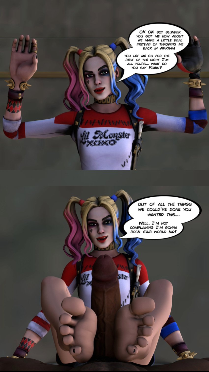 1boy 1girls 3d age_difference barefoot batman_(series) black_cock black_toenail_polish blonde_hair choker dark-skinned_male dark_skin dc dc_comics dick_grayson feet female first_person_view foot_fetish footfetishrenders footjob fortnite fortnite:_battle_royale hands_up harley_quinn harley_quinn_(fortnite) interracial lipstick makeup male multicolored_hair nail_polish older_female_younger_male penis pigtails red_lipstick robin_(dc) robin_(dick_grayson) sitting smiling soles suicide_squad suicide_squad_(2016) toes