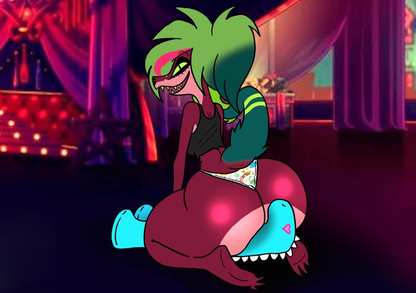 anthro ass big_butt breasts cafe-grimful clothing demon dinosaur female green_eyes green_hair hair hazbin_hotel hi_res missi_zilla panties plushie ponytail purple_body reptile scalie shirt sitting sitting_on_ground smile solo tail tank_top thick_thighs topwear underwear zeezi