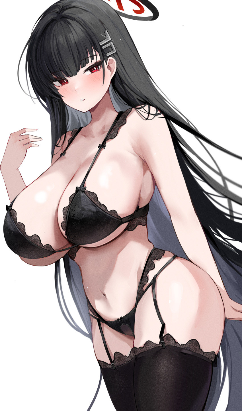 1girls black_hair blue_archive bra breasts female garter_belt garter_belt_leggings gurami_(artist) hi_res hips huge_breasts lace light-skinned_female light_skin lingerie lingerie_bra lingerie_only lingerie_panties long_hair panties red_eyes rio_(blue_archive) thick_thighs thighs wide_hips