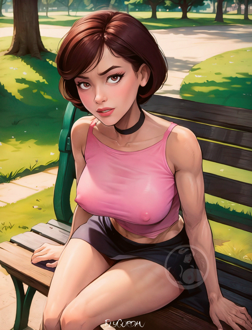 ai_generated black_skirt brown_eyes brown_hair collar elygordan elygordanart erect_nipples erect_nipples_under_clothes helen_parr in_the_air milf mommy nipples nipples_visible_through_clothing pink_t-shirt sitting_on_bench solo solo_female the_incredibles the_incredibles_2