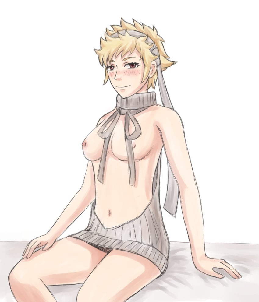 1girls alternate_costume armpits bare_arms bare_midriff bare_thighs blonde_hair blush breasts breasts_out brown_eyes female female_only fire_emblem fire_emblem_fates freckles looking_at_viewer maplerose midriff nintendo nipples reverse_outfit reverse_virgin_killer_sweater scarlet_(fire_emblem) short_hair sitting small_breasts smile solo sweater thighs virgin_killer_sweater wardrobe_malfunction yellow_hair