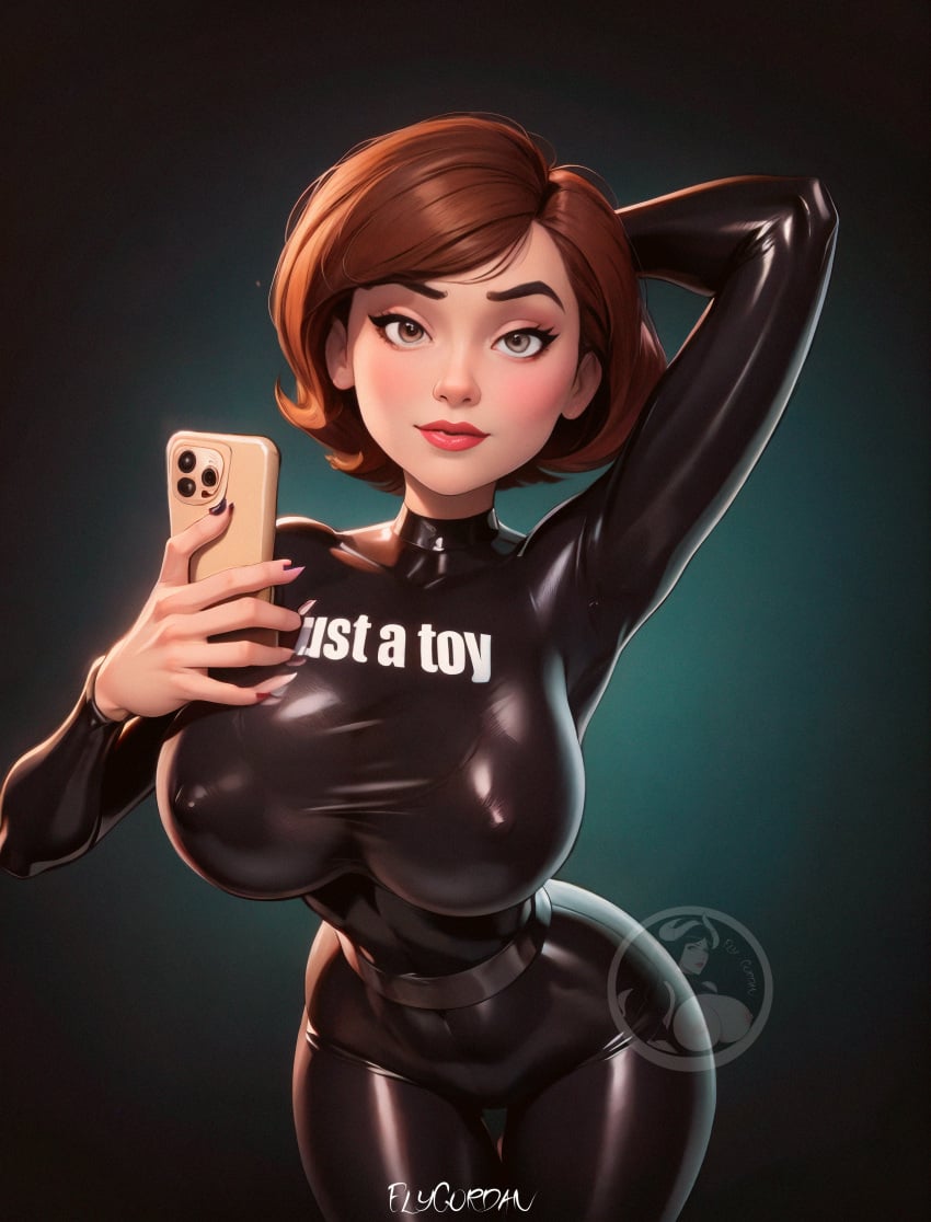 ai_generated black_latex brown_eyes brown_hair elygordan elygordanart full_body gigantic_nipples helen_parr huge_breasts huge_butt huge_hips inscription mommy nipples nipples_visible_through_clothing pussy red_lips selfie the_incredibles