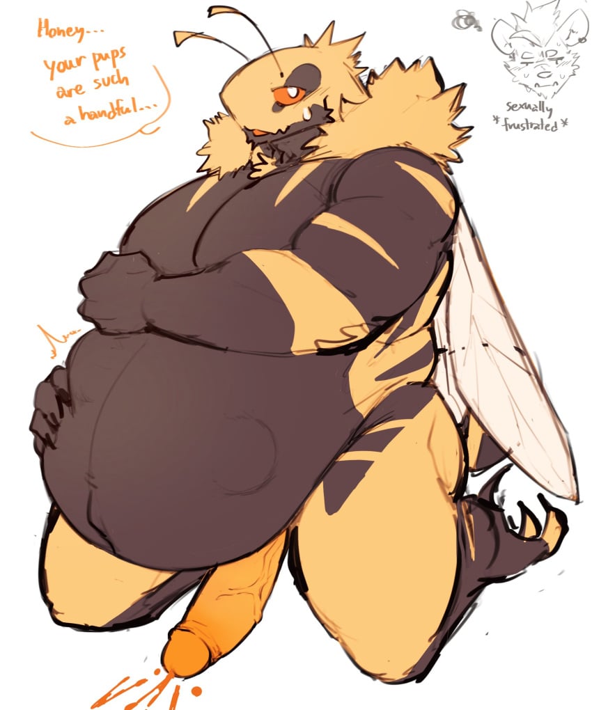 2023 antennae_(anatomy) anthro arthropod bee belly biceps big_belly bondage bound claws dialogue duo english_text fur hi_res huge_belly hyena hymenopteran insect_wings insects king_bee_(king_slabu) king_slabu male male/male mammal muscular muscular_male neck_tuft pregnant pregnant_male text toe_claws tuft wings