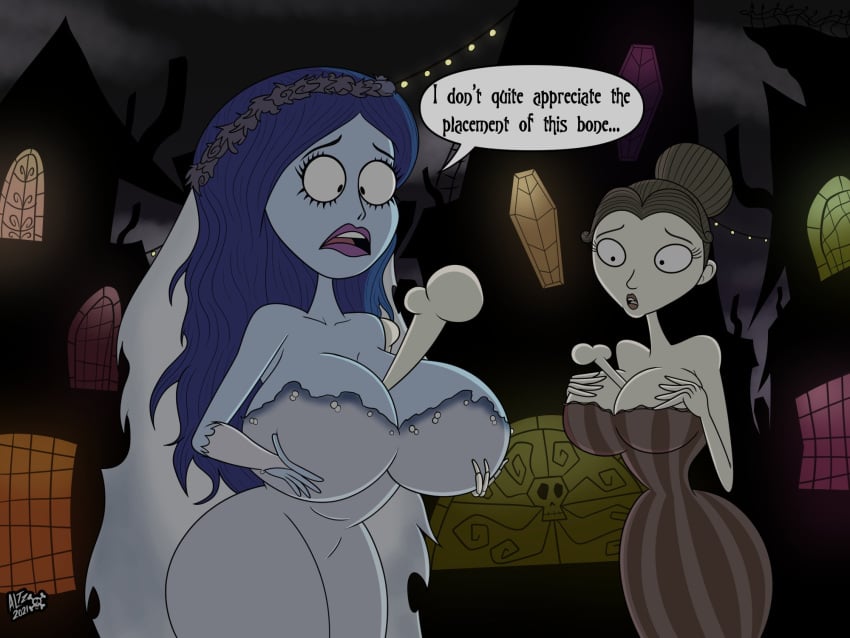 1girls 1monster 2d altzegoz_(artist) big_breasts blue_hair blue_skin cleavage corpse corpse_bride disney edit emily_(corpse_bride) hair_bun huge_breasts short_hair victoria_everglot zombie_girl