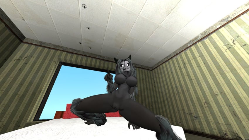 3d black_body black_fur black_hair canine elongated_head female_focus female_only looking_at_another mal0 malo on_bed pointing pointing_at_another scp-1471 scp-1471-a scp_foundation skull spread_legs teeth