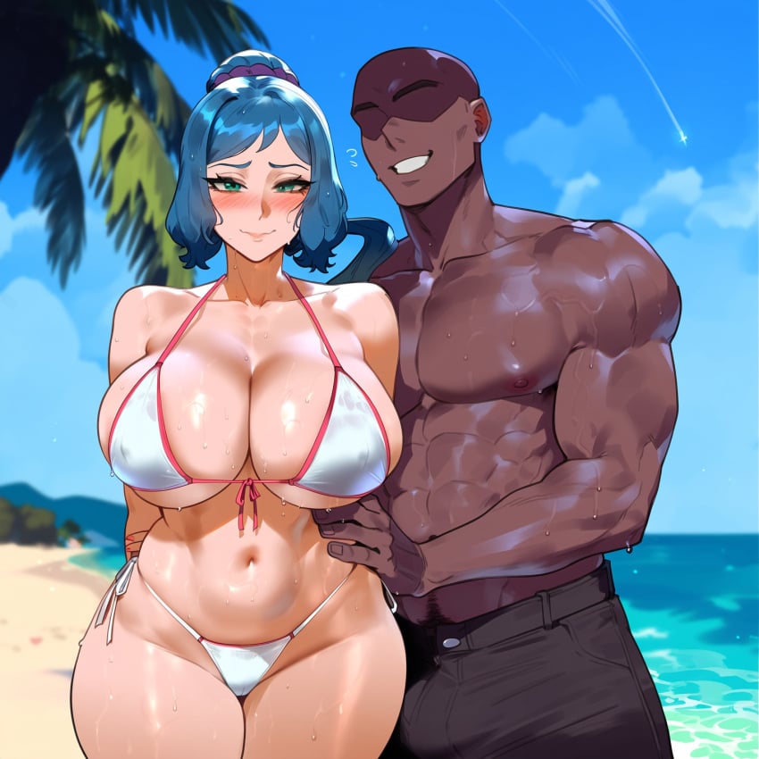 1boy 1girls ai_generated bikini blue_hair cleavage creamy_ai curvy dark-skinned_male embarrassed female green_eyes gundam gundam_build_fighters huge_breasts interracial iori_rinko mature_female thiccwithaq_(ai_style) thick_thighs wide_hips