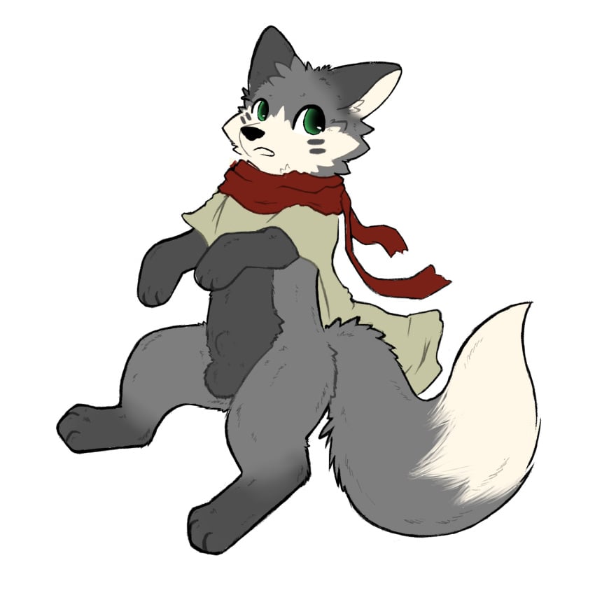 animal_genitalia balls canid canine clothed clothing fox fully_sheathed fur genitals grey_body grey_fur hi_res male mammal partially_clothed resachii scarf sheath