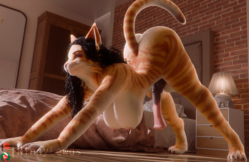 3d_(artwork) anthro areola ass_up balls bed biped bottomless breasts closed_eyes clothed clothing digital_media_(artwork) domestic_cat erection felid feline felis fur furniture genitals gynomorph hi_res intersex mammal medial_ring nipple_piercing nipples nude penis piercing rinny rinny_(character) solo striped_body striped_fur stripes tabby_cat whiskers