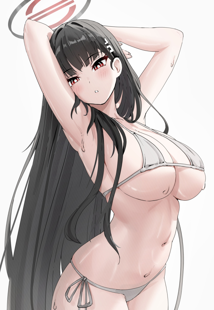 :o alternate_costume armpits arms_up artist_request bikini black_hair blue_archive blush breasts female grey_bikini halo highres kazawa_ushi large_breasts long_hair looking_at_viewer micro_bikini millennium_science_school_student navel red_eyes ringed_eyes rio_(blue_archive) seminar_(blue_archive) side-tie_bikini_bottom simple_background solo stomach straight_hair sweat swimsuit very_long_hair white_background