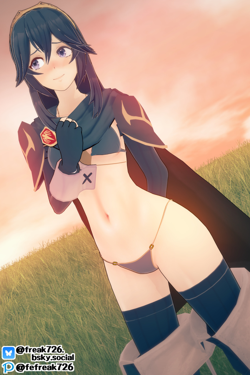 1girls 3d arm_behind_back bare_midriff bare_thighs bikini_armor blue_eyes blue_hair blush boots breasts cape embarrassed fefreak726 female female_only fingerless_gloves fire_emblem fire_emblem_awakening gloves hair_between_eyes hand_on_own_chest long_hair long_sleeves looking_at_viewer looking_away looking_to_the_side lucina_(fire_emblem) midriff nintendo outdoors revealing_clothes small_breasts smile solo sunset symbol-shaped_pupils thigh_boots thighhighs thighs tiara