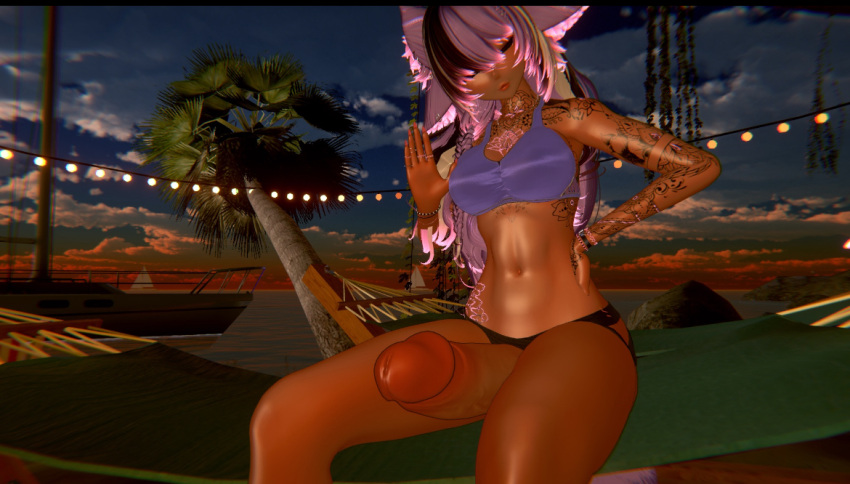 3d beach big_penis futanari hammock original pink_hair small_breasts sole_futa swimsuit tan_skin vrchat vrchat_avatar