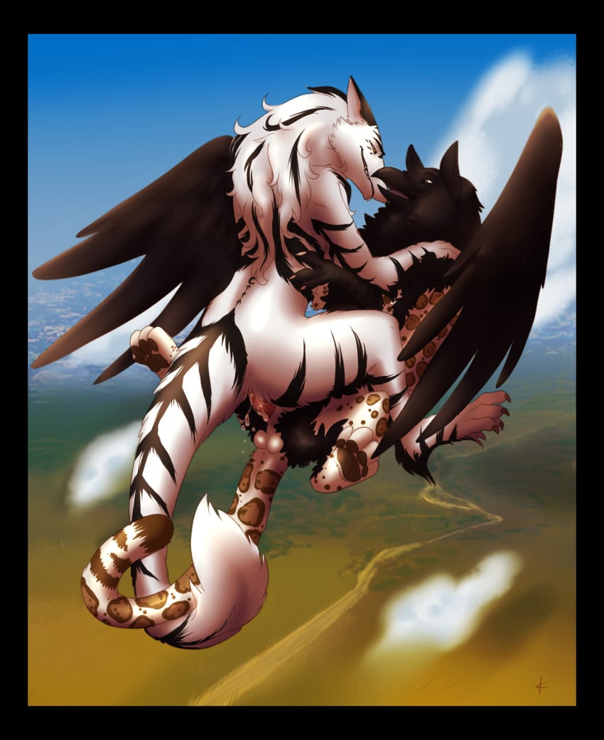 anal avian balls beak bird black_feathers black_fur byakurai_tora claws crow cum desert feline flying gay grave_gryphon gryphon in_air jaguar knon male midair no_humans penis raven_(bird) road sergal talons white_fur white_jaguar