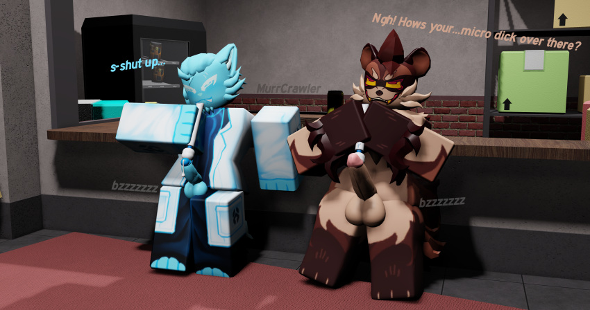 2boys 3d bandit_(kaiju_paradise) byte_(molecular_breakdown) dialogue english_text fur image kaiju_paradise large_penis looking_pleasured molecular_breakdown murrcrawler precum roblox roblox_game self_upload small_penis tagme text vibrator_on_penis