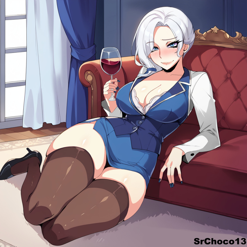 ai_generated blue_eyes clothed clothing drunk large_breasts mature_female milf srchoco13 stockings thighhighs thighs white_hair willow_schnee wine