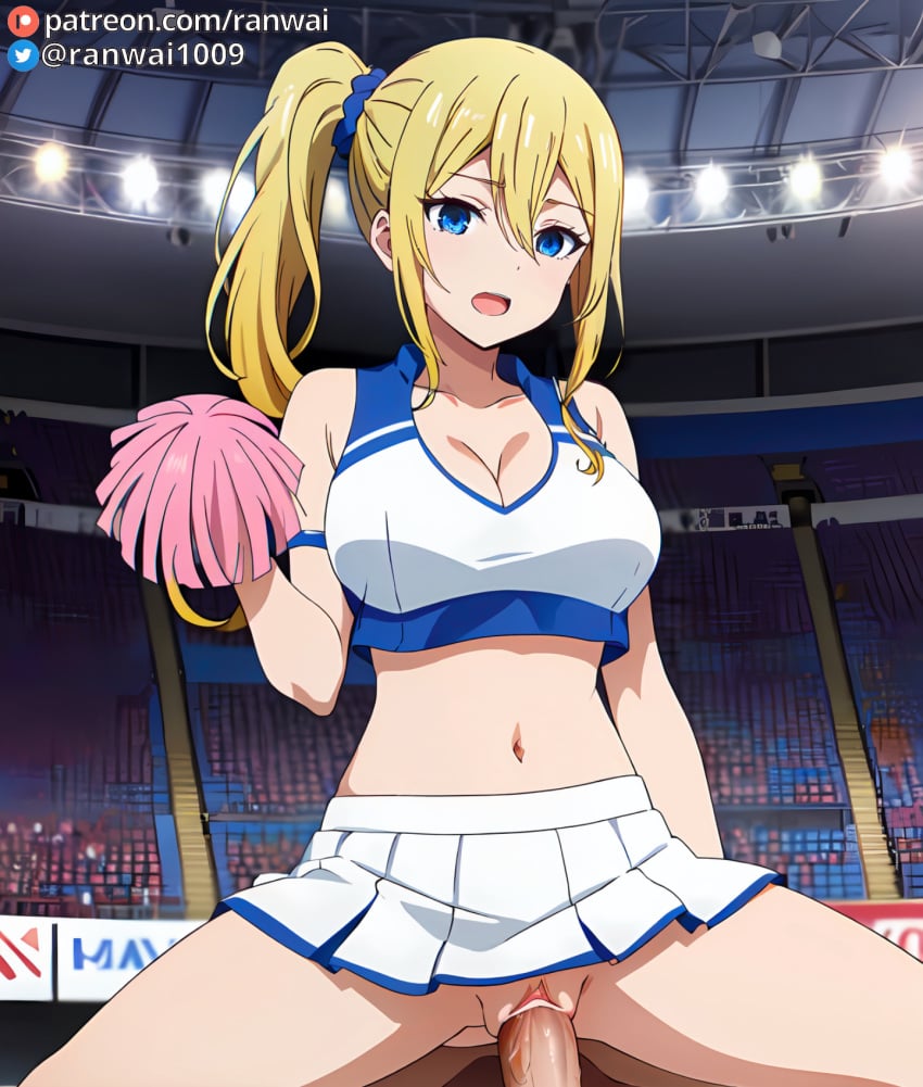 1boy 1girls ai_generated anime blonde_hair blue_eyes cheerleader cheerleader_outfit cowgirl_position female hayasaka_ai human kaguya-sama_wa_kokurasetai_~tensai-tachi_no_renai_zunousen~ large_breasts male sex stable_diffusion vaginal_penetration vaginal_sex