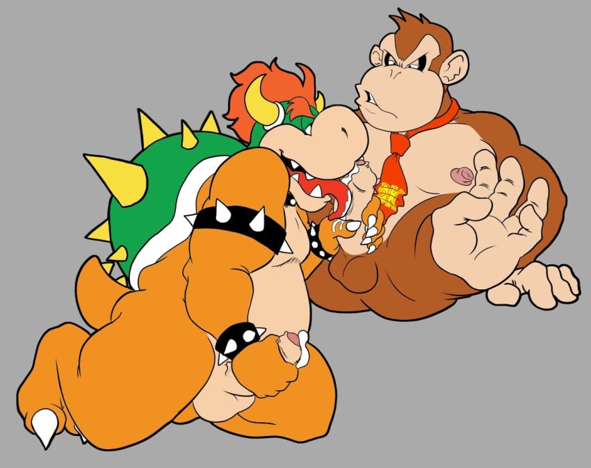 3_toes 5_fingers 5_toes ass balls barefoot beige_penis beige_skin big big_nose black_eyes bowser brown_fur brown_hair chubby claws color cum cum_on_hand cum_on_penis cum_on_tongue donkey_kong donkey_kong_(series) dragon erection fur furry gorilla green_shell grey_background hair handjob happy hi_res horn interspecies kneeling kong koopa legs_up licking lizard looking_down looking_up lying male male_only manly mario_(series) monkeysuit multiple_boys muscles nintendo nipples no_humans nude on_back open_mouth orange_hair orange_skin pecs penis penis_grab pink_penis pink_skin plain_background precum raised_leg red_skin reptile saliva scalie sharp_teeth shell short_hair skin smile spikes spiky_shell spread_legs spreading teeth tongue tongue_out turtle uncut vein yaoi