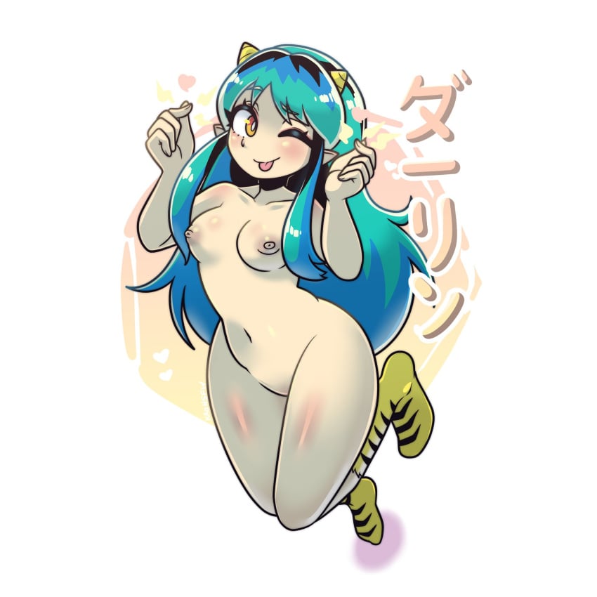 breasts green_hair horn kronossoul long_hair lum nipples orange_eyes pointy_ears urusei_yatsura